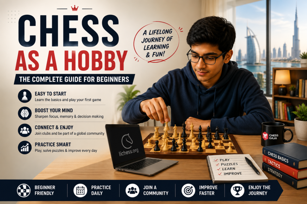 Young man playing chess at a desk with a laptop, chessboard, mug, and booklets; infographic highlights chess as a hobby and lists beginner benefits and tips.