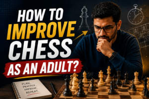 A man studies a chessboard with the text “How to improve chess as an adult?” beside him and a notebook reading “Plan. Practice. Improve. Repeat.”.