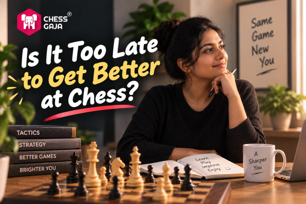 Woman sits at a table with a chessboard, books, a notebook, and a coffee mug, looking thoughtful. Text on image asks, “Is it too late to get better at chess?”.