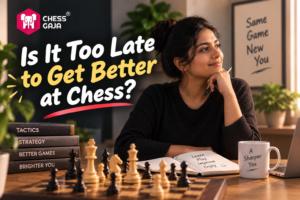 Woman sits at a table with a chessboard, books, a notebook, and a coffee mug, looking thoughtful. Text on image asks, “Is it too late to get better at chess?”.