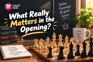 A chessboard with opening moves set, books stacked on strategy topics, a mug reading “Same Game New You,” and notes about chess principles on a notepad.