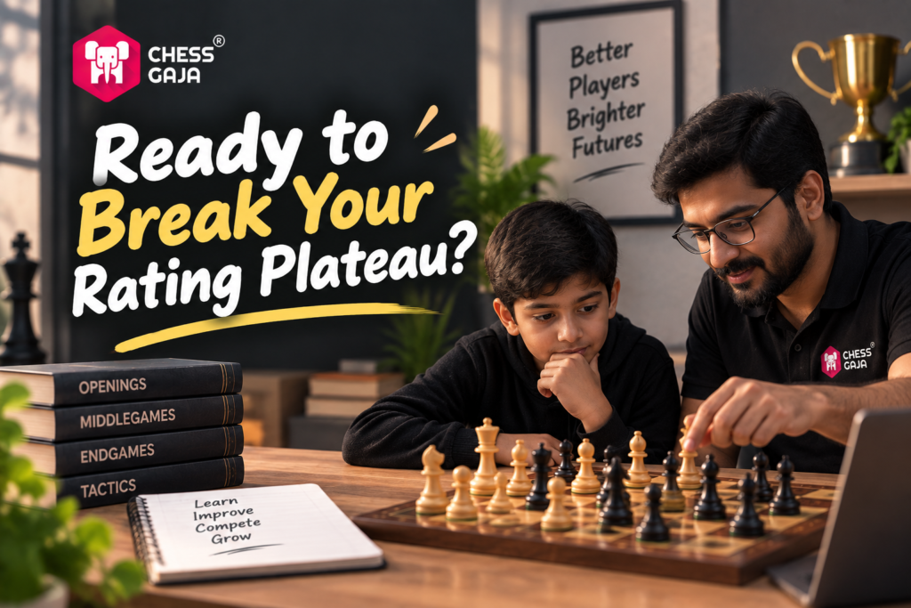 A chess coach teaches a young boy as they analyze a chessboard. Stacked books and a motivational sign are visible on the table and wall.