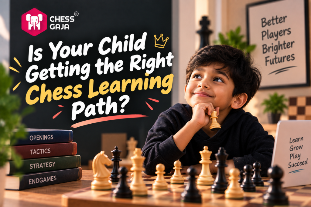 A young boy sits at a chessboard with chess pieces, looking thoughtful. Text promotes chess learning for children and highlights benefits such as better players and brighter futures.