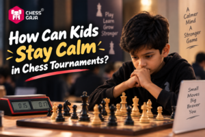 A young boy sitting at a chessboard, resting his chin on his hands, with text overlays about staying calm in chess tournaments and the Chess Gaja logo in the corner.