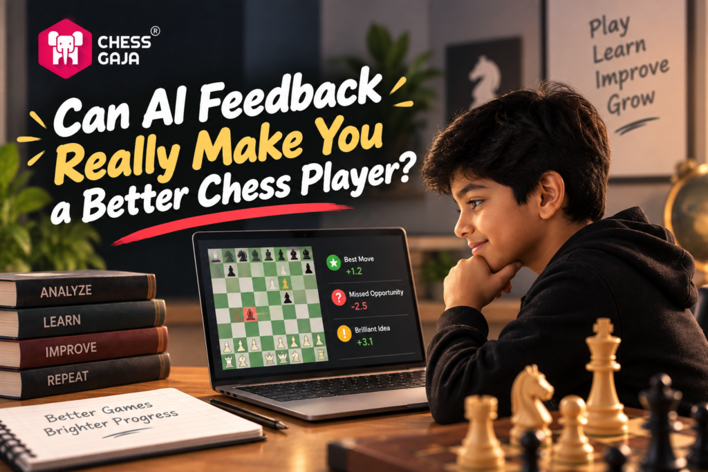 A boy studies chess on a laptop with AI feedback displayed on the screen, surrounded by chess pieces, books, and motivational text in a cozy study room.