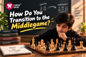 A boy sits at a chessboard, thinking, with chess books stacked nearby. Text on the image discusses transitioning to the middlegame in chess.