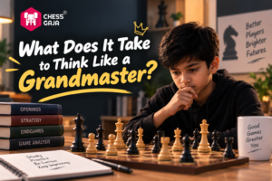 A boy studies a chessboard intently at a desk with chess books, notebooks, and motivational posters in the background.