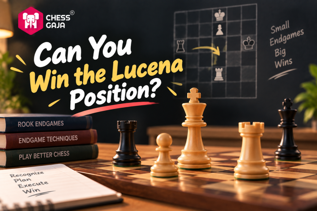 A chess endgame scene with books, a notepad, and pieces on a board, overlaid with the text, “Can You Win the Lucena Position?” and related chess strategy phrases.