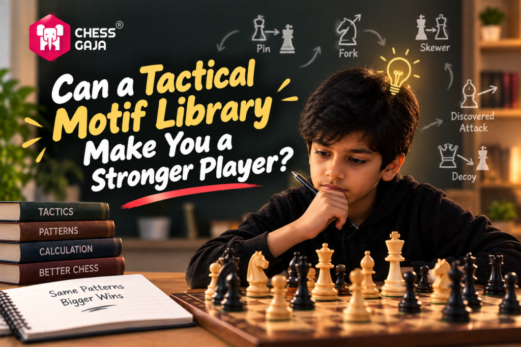 A boy studies a chessboard, surrounded by chess books and tactical motif diagrams on a blackboard, with the text: “Can a Tactical Motif Library Make You a Stronger Player?”.