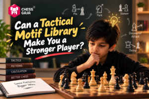 A boy studies a chessboard, surrounded by chess books and tactical motif diagrams on a blackboard, with the text: “Can a Tactical Motif Library Make You a Stronger Player?”.
