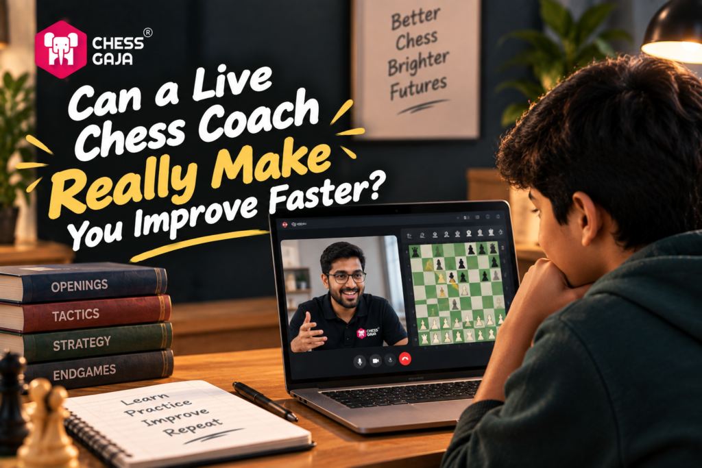 A boy watches an online chess lesson on his laptop, with a coach on screen; chess books and study materials are on the desk.