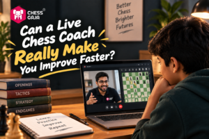 A boy watches an online chess lesson on his laptop, with a coach on screen; chess books and study materials are on the desk.