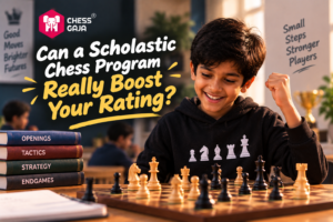 Smiling boy playing chess at a table, with books labeled openings, tactics, strategy, and endgames stacked nearby; bold text asks if a scholastic chess program can boost your rating.