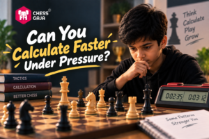 A boy thoughtfully plays chess at a table with a chess clock, notebook, and motivational quotes visible in the background.