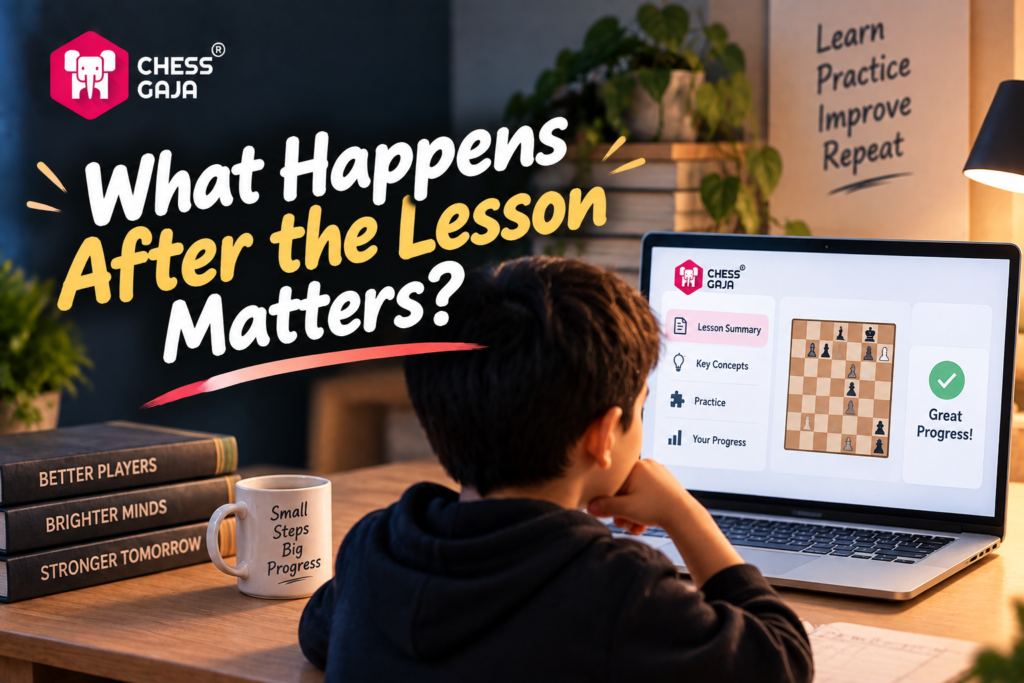 A child sits at a desk using a laptop displaying a chess lesson summary, with motivational books, a plant, and a wall sign reading, “Learn Practice Improve Repeat.”.