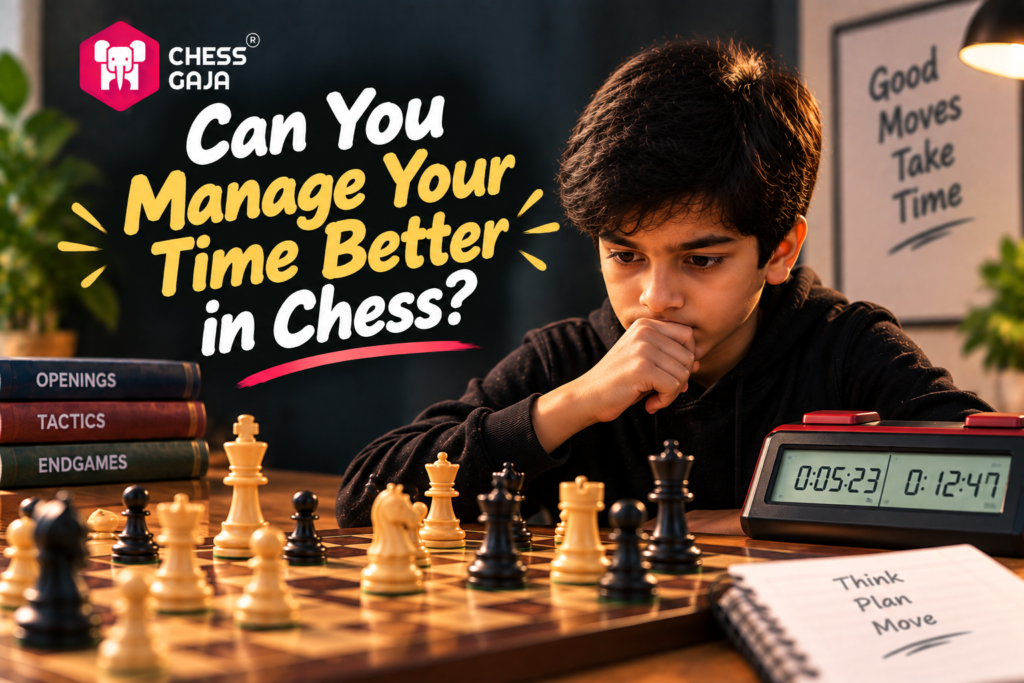 A boy concentrates on a chess game, with a chess clock, books on chess strategies, and a notebook labeled “Think Plan Move” on the table. A motivational sign is in the background.