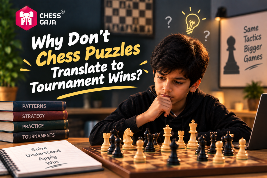 A boy sits at a table with chess pieces, looking thoughtful. Text reads, “Why Don’t Chess Puzzles Translate to Tournament Wins?” There’s a laptop and chess notes in front.