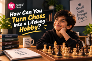 A boy sits at a chessboard, smiling thoughtfully. Books about chess are stacked beside him, and a poster in the background reads, “Small Steps Stronger Players.”.