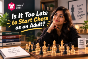A woman sits at a chessboard, smiling thoughtfully. Text reads, “Is it too late to start chess as an adult?” Books and a mug labeled “Good Moves Ahead” are on the table.
