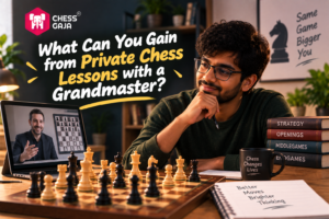 A man sits at a chessboard, watching a grandmaster teach chess online, with books and a mug nearby, promoting private chess lessons.
