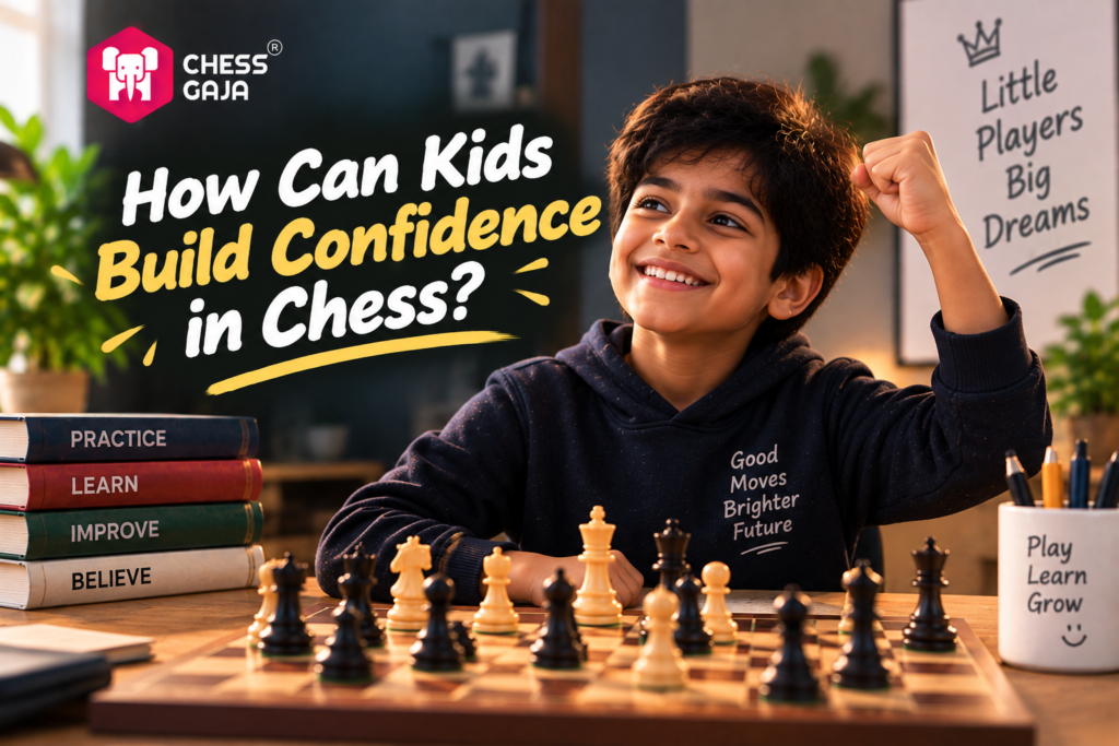 Smiling child raising fist in triumph while playing chess, surrounded by motivational posters and books on practice, learning, and improvement. Text reads, “How Can Kids Build Confidence in Chess?”.