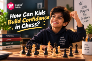 Smiling child raising fist in triumph while playing chess, surrounded by motivational posters and books on practice, learning, and improvement. Text reads, “How Can Kids Build Confidence in Chess?”.