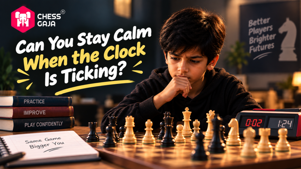 A boy concentrates on a chess game with a timer showing 1:24. Books and a notepad are on the table. A sign in the background reads “Better Players Brighter Futures.”.