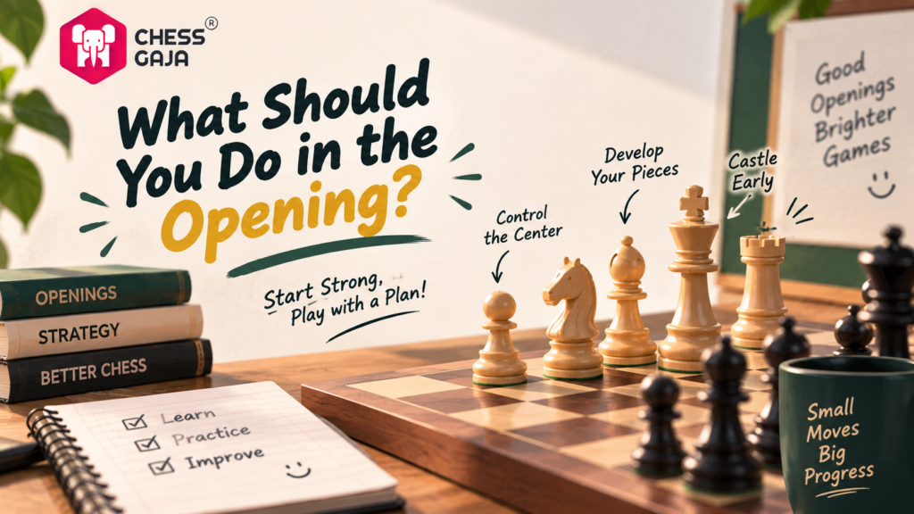 A chessboard with pieces set up, highlighting opening strategies: control the center, develop pieces, castle early; includes text about learning, practicing, and improving chess skills.