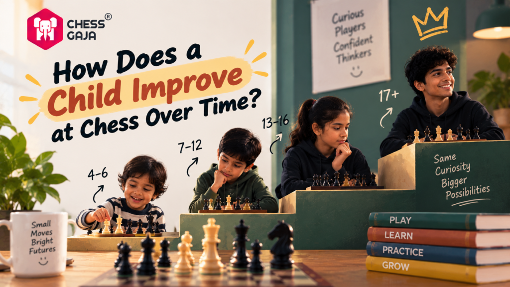 Four children of increasing ages play chess at a table, with books and motivational signs around them, illustrating stages of chess improvement.