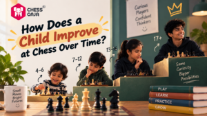 Four children of increasing ages play chess at a table, with books and motivational signs around them, illustrating stages of chess improvement.