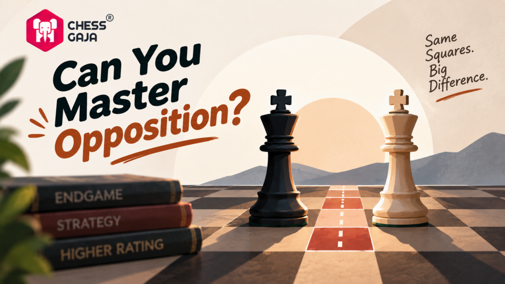 Two chess kings face each other on a board at sunset, with books labeled “Endgame,” “Strategy,” and “Higher Rating” nearby. Text reads, “Can You Master Opposition? Same Squares. Big Difference.”.