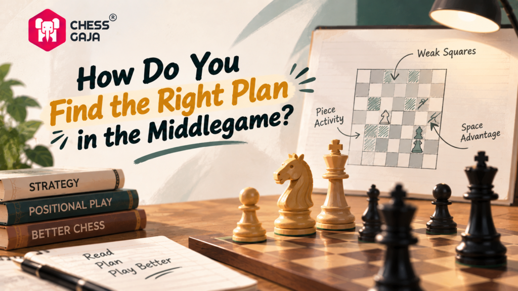 A chessboard with pieces, books on chess strategy, and a diagram showing middlegame concepts like piece activity, weak squares, and space advantage.