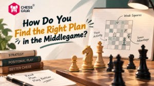 A chessboard with pieces, books on chess strategy, and a diagram showing middlegame concepts like piece activity, weak squares, and space advantage.