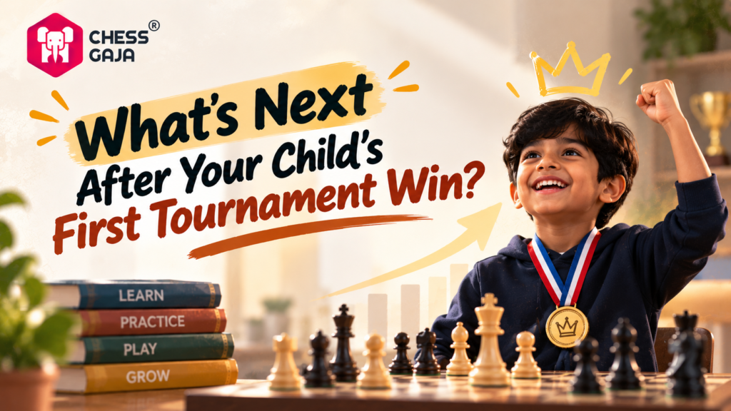 Smiling child wearing a medal celebrates at a chessboard; text reads, “What’s Next After Your Child’s First Tournament Win?” Books and chess pieces are visible in the foreground.