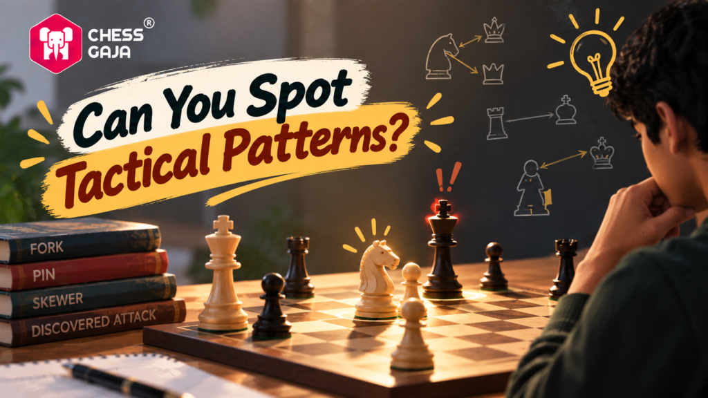 A person studies a chessboard, with books and strategy diagrams nearby, under the heading “Can You Spot Tactical Patterns?” and chess tactics listed: fork, pin, skewer, discovered attack.