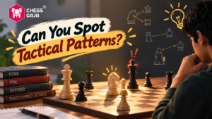 A person studies a chessboard, with books and strategy diagrams nearby, under the heading “Can You Spot Tactical Patterns?” and chess tactics listed: fork, pin, skewer, discovered attack.