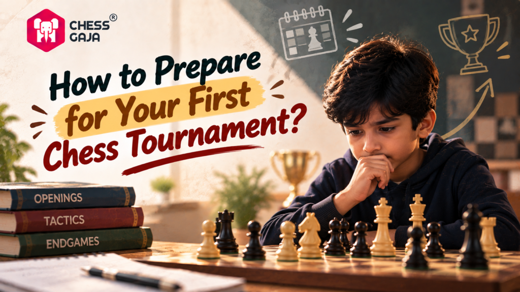 A boy concentrates on a chessboard, with chess books labeled “Openings,” “Tactics,” and “Endgames” beside him, and a text overlay about preparing for a first chess tournament.