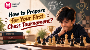 A boy concentrates on a chessboard, with chess books labeled “Openings,” “Tactics,” and “Endgames” beside him, and a text overlay about preparing for a first chess tournament.
