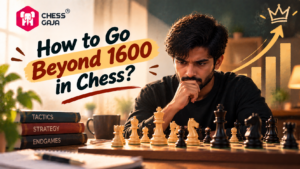 A man studies a chessboard with books labeled tactics, strategy, and endgames. Text reads, “How to go Beyond 1600 in Chess?” with a rising arrow and Chess Gaja logo.