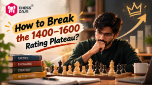 A man concentrates on a chessboard. Stacked books labeled tactics, endgames, strategy, and better chess sit nearby. Text reads: “How to break the 1400-1600 rating plateau?”.