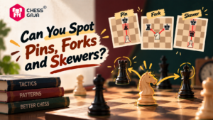 A chessboard with pieces, books, and diagrams showing chess tactics: a pin, a fork, and a skewer, with the text “Can you spot pins, forks and skewers?”.