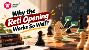 A chessboard shows the Reti Opening with a knight move, surrounded by books labeled Openings, Strategy, and Better Chess; text reads “Why the Reti Opening Works So Well?”.