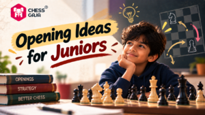 A young boy sits at a chessboard, thinking. Text reads “Opening Ideas for Juniors.” Chess books and a chalkboard with chess diagrams are visible in the background.