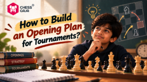 A boy sits at a chessboard, thinking, with books labeled “Openings,” “Strategy,” and “Tournaments” nearby. Text reads, “How to Build an Opening Plan for Tournaments?”.