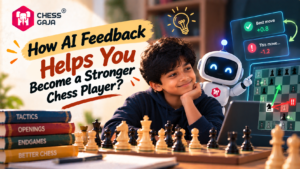 A boy sits at a chessboard with a laptop, a friendly robot, and a screen showing chess move analysis, promoting AI feedback for improving chess skills.
