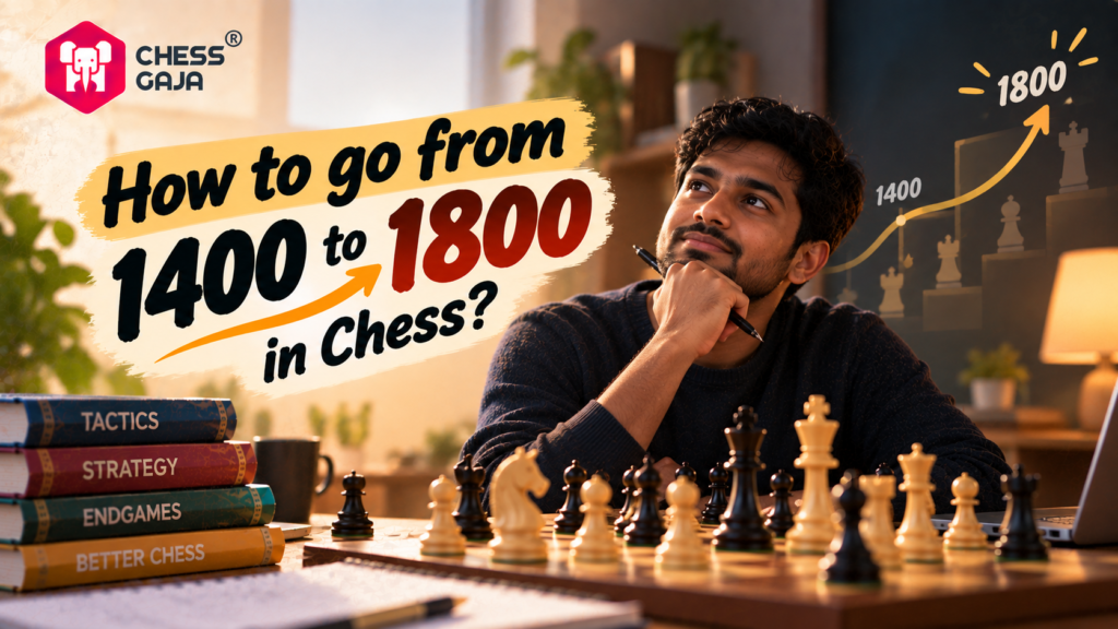 Man sitting at a chessboard, looking thoughtful. Text reads “How to go from 1400 to 1800 in Chess?” with books labeled tactics, strategy, endgames, better chess.