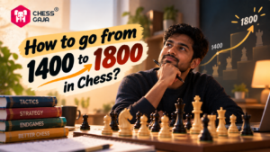 Man sitting at a chessboard, looking thoughtful. Text reads “How to go from 1400 to 1800 in Chess?” with books labeled tactics, strategy, endgames, better chess.