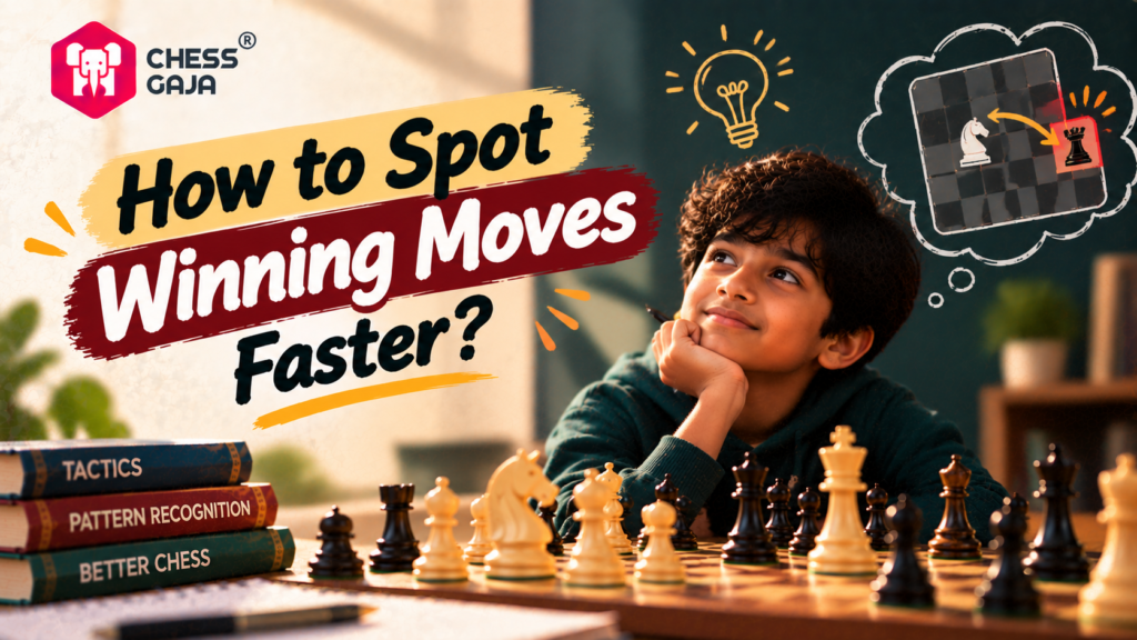 A boy sits at a chessboard, smiling thoughtfully. Stacked books and chess pieces are in front of him. An illustrated chess puzzle and text read, “How to Spot Winning Moves Faster?”.
