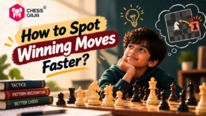 A boy sits at a chessboard, smiling thoughtfully. Stacked books and chess pieces are in front of him. An illustrated chess puzzle and text read, “How to Spot Winning Moves Faster?”.