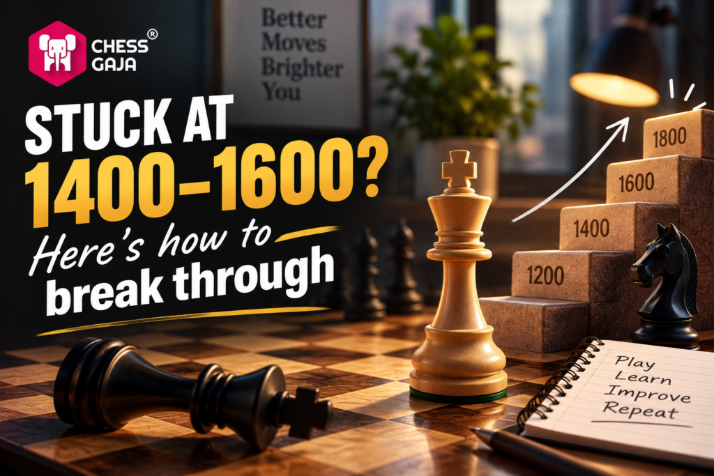 Chess board with pieces, notepad reads “Play Learn Improve Repeat,” and text highlights advice for breaking through the 1400-1600 rating range, with an upward arrow pointing to higher ratings.